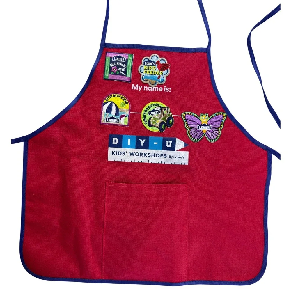 Lowes DIY-U Kids Workshop Apron with 12 Embroidered Patches Red Blue Trim